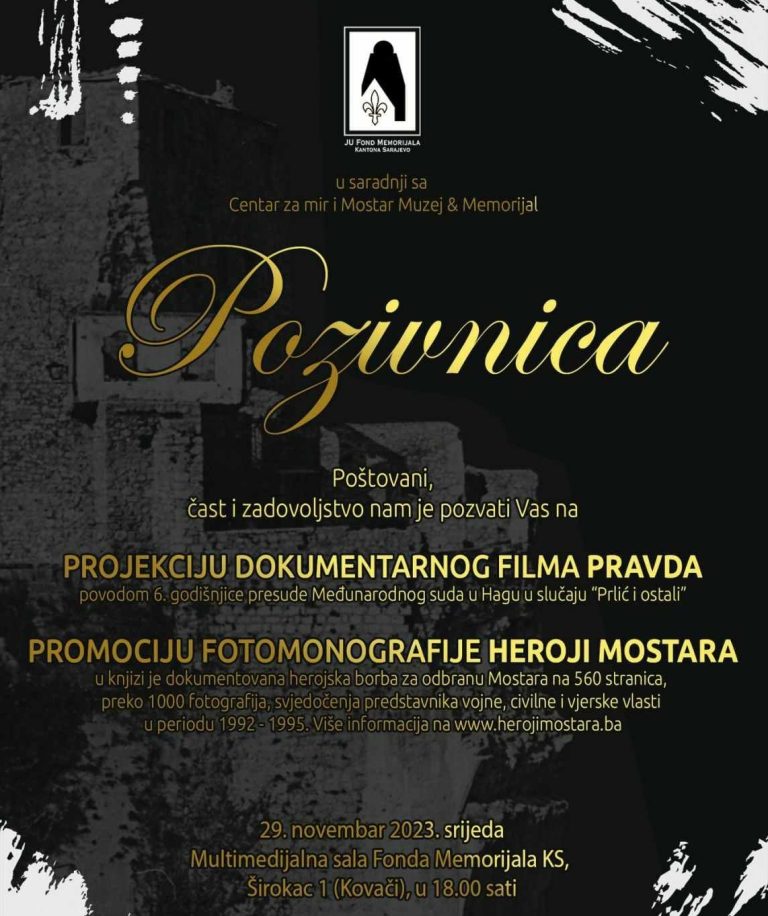 Projekcija dokumentarnog filma “Pravda” i promocija fotomonografije “Heroji Mostara”