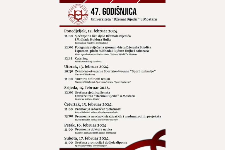 Mostar: Program obilježavanja 47. godišnjice Univerziteta “Džemal Bijedić”