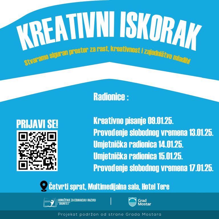 POZIV ZA MLADE IZ MOSTARA: PRIJAVITE SE NA RADIONICE PROJEKTA “KREATIVNI ISKORAK”