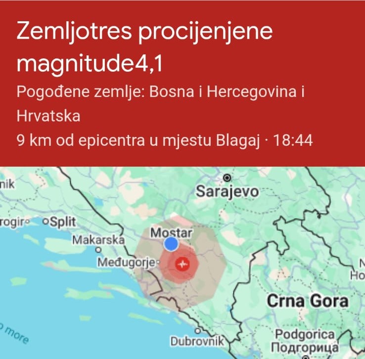 Mostar: Zemljotres uznemirio Mostarce, epicentar između Blagaja, Stoca i Nevesinja
