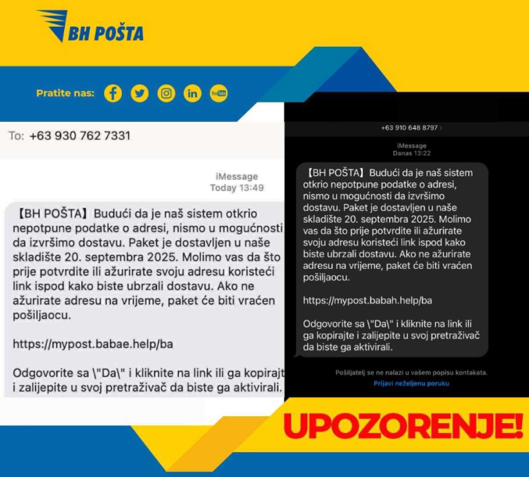 Budite oprezni: Prevaranti se predstavljaju kao BH Pošta