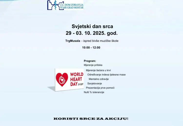Mostar: Dom zdravlja Stari grad obilježava Svjetski dan srca