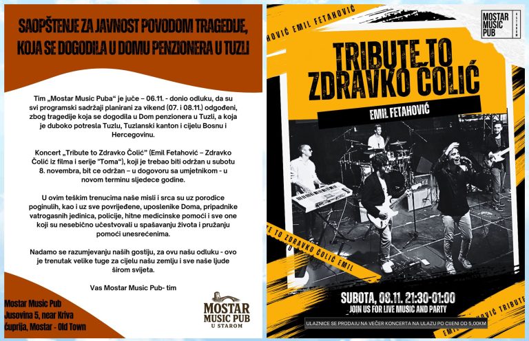 “Mostar Music Pub” u Starom gradu odgađa najavljene muzičke  sadržaje zbog tragedije u Tuzli