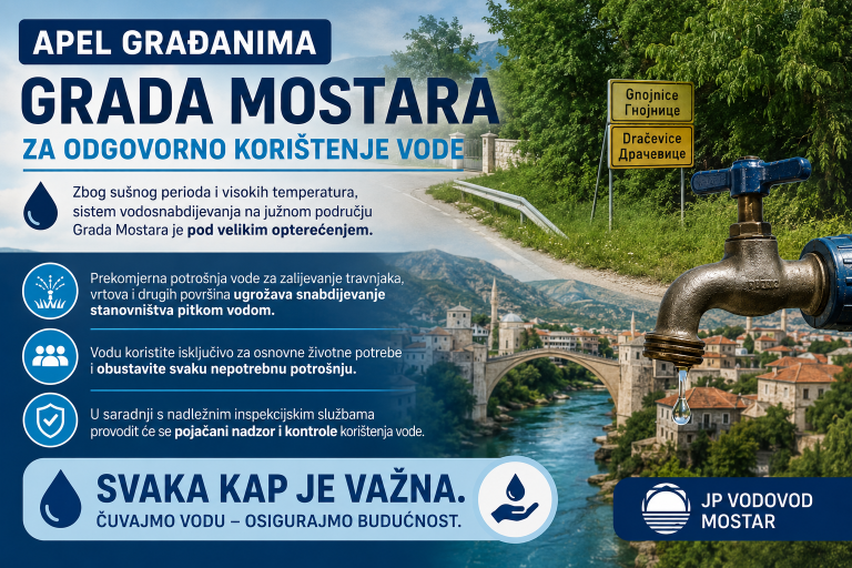 Vodovod Mostar upozorava: Zbog suše i enormne potrošnje otežano vodosnabdijevanje u više južnih naselja