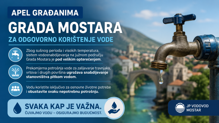 Vodovod Mostar poziva na racionalno korištenje vode: Kočine i Dračevice ostaju bez urednog vodosnabdijevanja, ugrožen i Blagaj