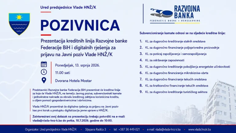 Poziv privrednicima: Predstavljanje kreditnih linija za koje Vlada HNK-a da subvencionira kamate i naknade