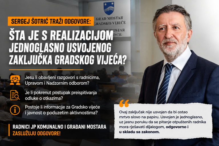 Šotrić traži odgovore o otkazima u JP Komunalno: “Šta je urađeno na provođenju jednoglasno usvojenog zaključka Gradskog vijeća?”