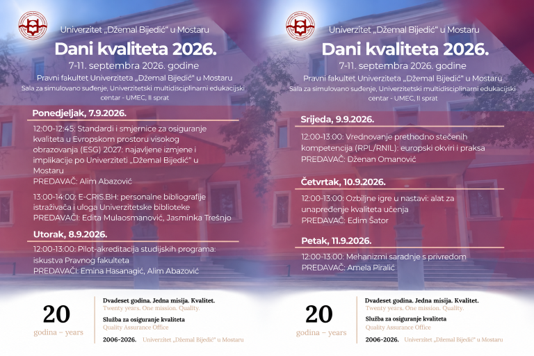 Univerzitet „Džemal Bijedić“ najavljuje Dane kvaliteta 2026: Dvije decenije posvećene unapređenju visokog obrazovanja